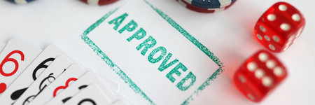 Casino playing cards chips and seal approved closeupの写真素材