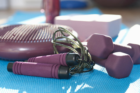 Room with equipment for home workouts and fitnessの写真素材