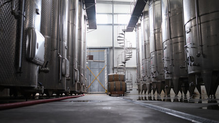 Modern winery interior with large metal tanksの写真素材