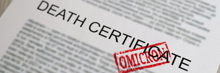 Red omicron seal standing on death certificate document closeupの写真素材