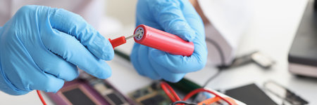 Hands hold a red lithium titanium battery and a voltmeter
