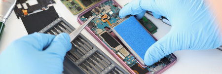 Hands with tweezers repairing a battery from a smartphoneの写真素材