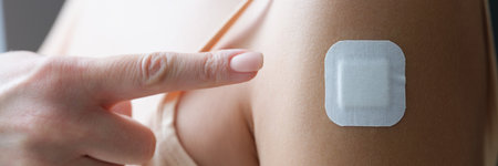 Woman point with finger at patch on arm, lady get vaccine