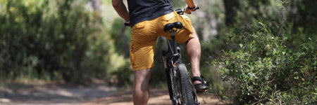 Male rents bike for ride, forest landscape, path for journey, adventure time