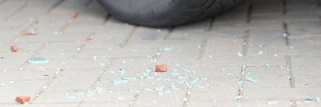 Automobile tyre and pieces of broken glass, car break in, traces of crime, car accidentの写真素材