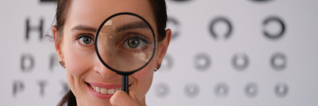 Doctor ophthalmologist looks through magnifying glass in ophthalmological clinicの写真素材