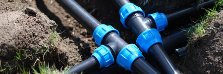 PVC pipeline in garden and black pipes in ground