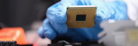 Engineer holds in hands powerful processor or board after repair