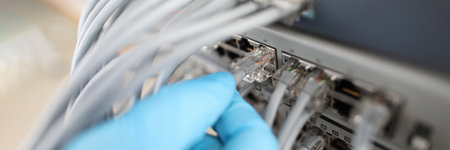 Hand of IT engineer technician with lot of internet network cable in wireless system of server room