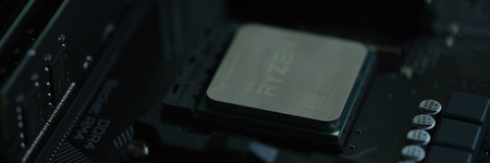 Tbilisi, Georgia - July 26, 2022: Closeup of AMD Ryzen processor motherboardのeditorial素材