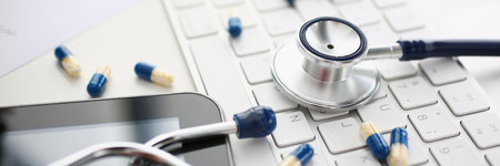 Tablets and stethoscope on computer keyboard closeupの写真素材