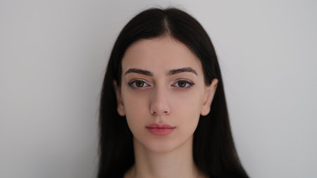 Portrait of brunette indian woman with long hair on white backgroundの写真素材
