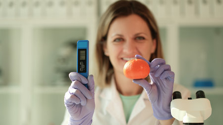 Scientist chemist holding in hands tangerine and device for measuring amount of nitrates in chemical laboratory closeupの写真素材