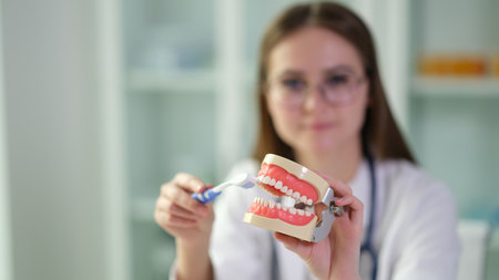 Doctor showing artificial model of human jaw and toothbrush for prevention of caries closeup