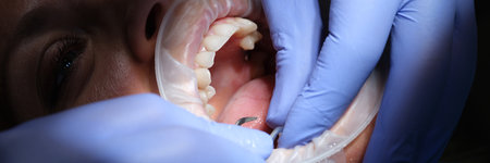 Dentist prepares female teeth for installation of ceramic veneers and crowns and removing enamel