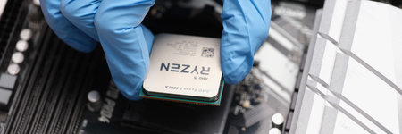 Tbilisi, Georgia - August 25, 2022: Closeup of AMD RYZEN processor on PC motherboardのeditorial素材