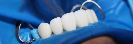 Teeth of patient with veneers being treated by dentist closeup