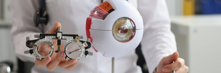 Ophthalmologist holds glasses for selection of lenses and anatomy of human eye