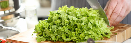 Hands of cook are preparing vegetable salad closeupの写真素材