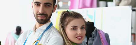 Fashion designers man and woman create new clothes in atelier studioの写真素材