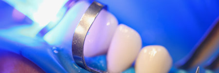 Light falling on teeth during installation of veneers in dental clinic closeup