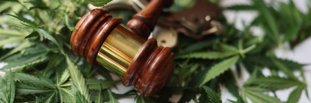 Judge gavel and handcuffs lying on green marijuana leaves closeupの写真素材