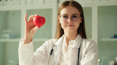 Happy female cardiologist doctor holding heart figure in handの写真素材
