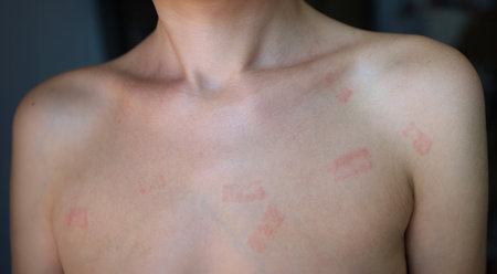 Red allergic spots rash on female body closeupの写真素材