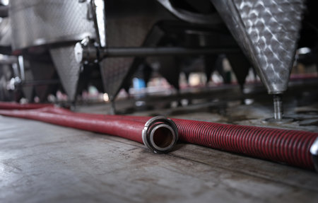Red rubber hose lies on floor in industrial factoryの写真素材