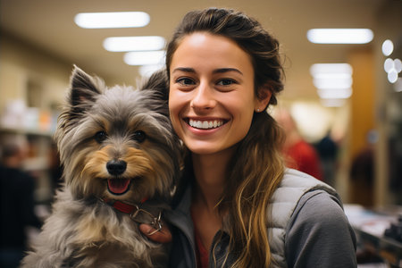 Young smiling woman doctor with dog in clinicの素材