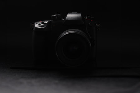 Modern camera model with black interface, good quality pictures, brand new deviceの写真素材