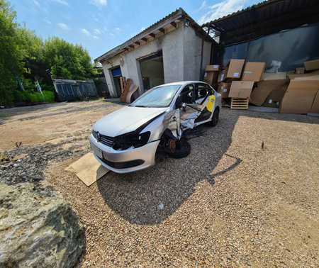 Tbilisi, Georgia - July 26, 2022: Broken gray Volkswagen sedan taxi car.のeditorial素材