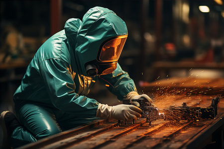 Male welder in protective suit and helmet working at metalworking plantの素材