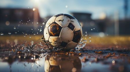 Soccer ball on dirty field at end of game closeupの素材
