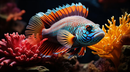 Blue beautiful fish among algae in the ocean or seaの素材