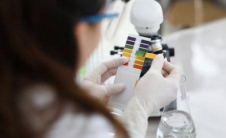 Female chemist holding litmus paper in handsの写真素材