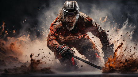 Hockey player with stick playing in arena with mudの素材