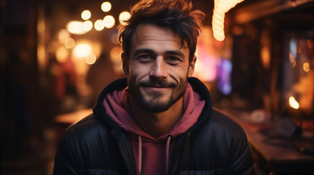 Portrait of handsome smiling man in cafe late at nightの素材