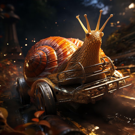 Strange unusual car in shape of snail with shell driving through city at nightの素材