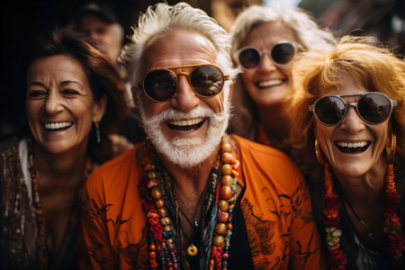 Elderly people in stylish clothes and sunglasses at party or discoの素材