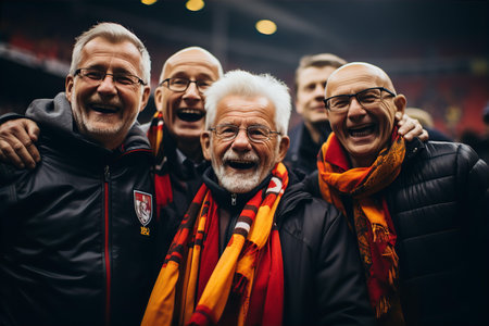 Elderly male football fans at stadium portraitの素材