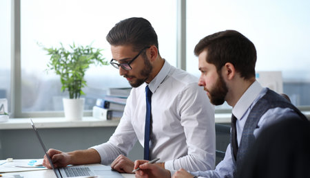 Group of people in office use laptop pc portraitの写真素材
