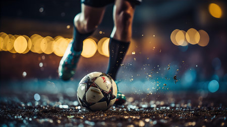 Soccer player feet kicking ball on dirty fieldの素材