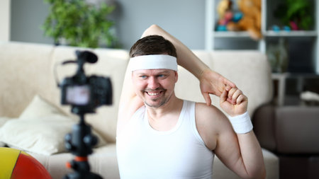 Man Vlogger Doing Exercise for Hands Portraitの写真素材