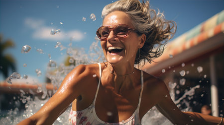 Happy elderly woman with gray hair swimming in poolの素材
