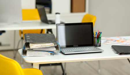 Empty workplace in office closeupの写真素材