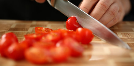 Cook holds knife in hand and cuts on