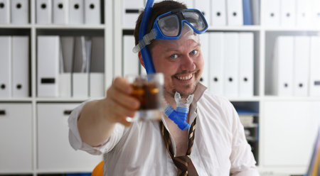 Man wearing suit and tie in goggles and snorkelの写真素材