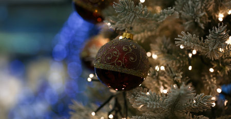 Red ball hanging on the christmasの写真素材