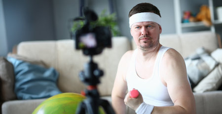 Middle aged man training with dumbbells, record on videocameraの写真素材